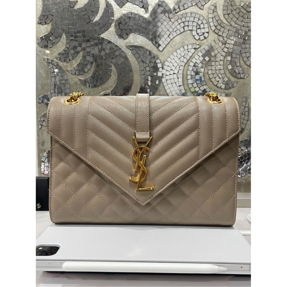 YSl Envelope Bag in dusty grey with gold hardware.